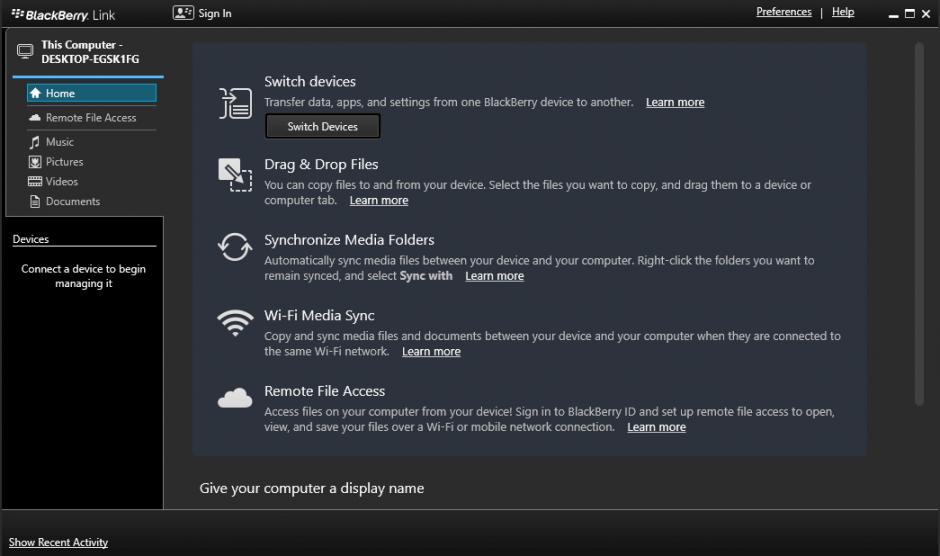 BlackBerry Desktop Software main screen
