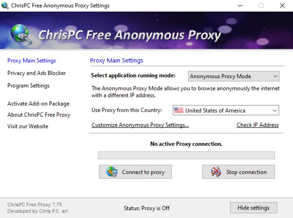 ChrisPC Free Anonymous Proxy main screen