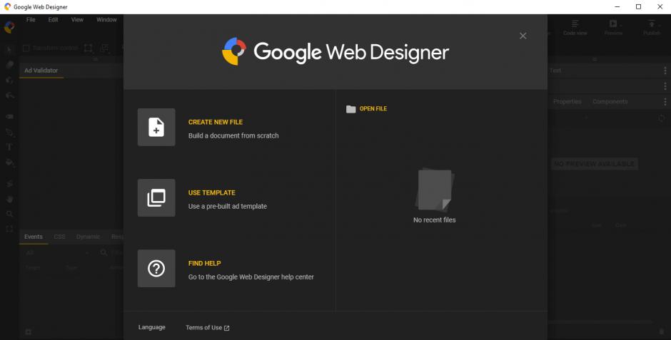 Google Web Designer main screen