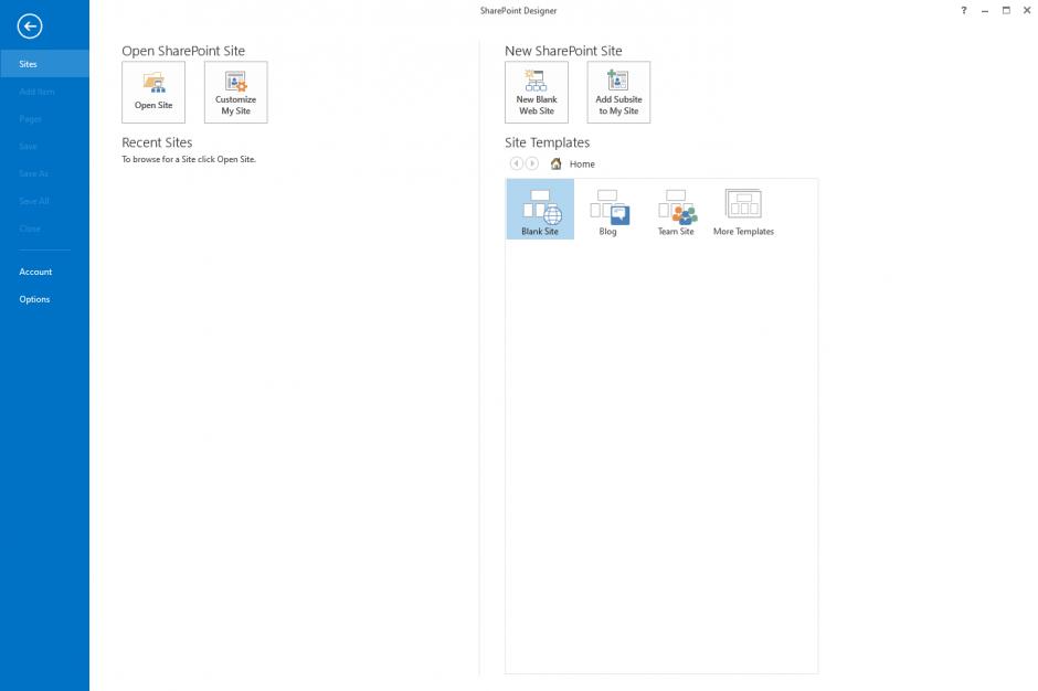 Microsoft SharePoint Designer 2013 main screen