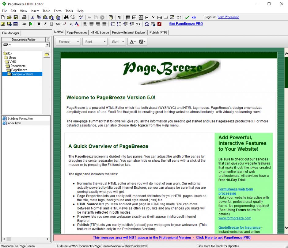 PageBreeze Free HTML Editor main screen