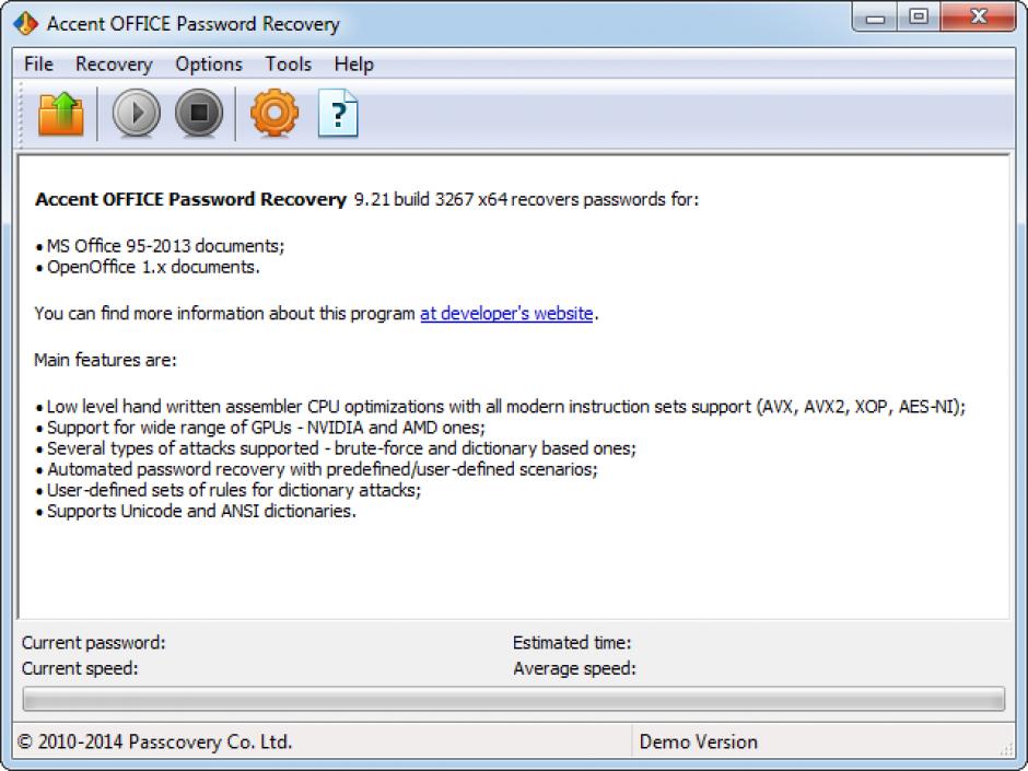 Accent OFFICE Password Recovery main screen