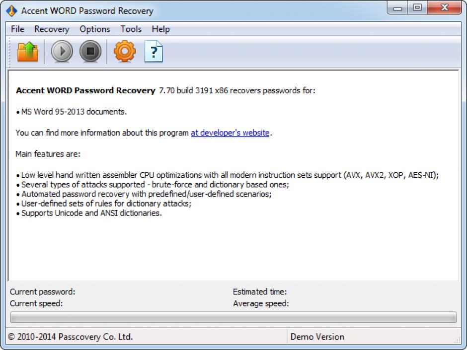 Accent WORD Password Recovery main screen