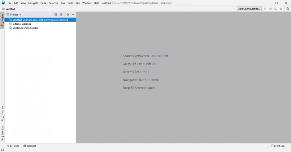 WebStorm main screen