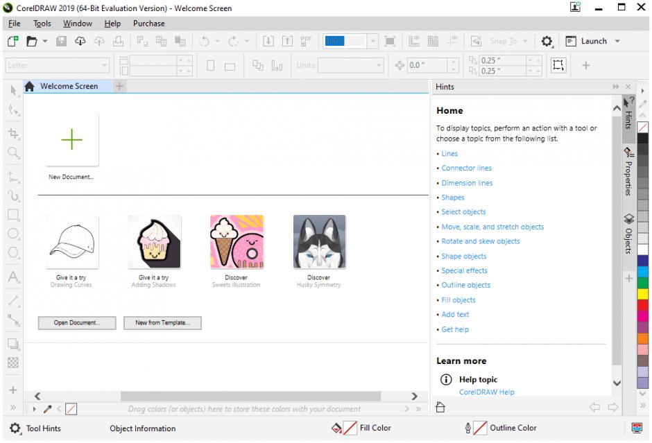 CorelDRAW Graphics Suite 2019 main screen