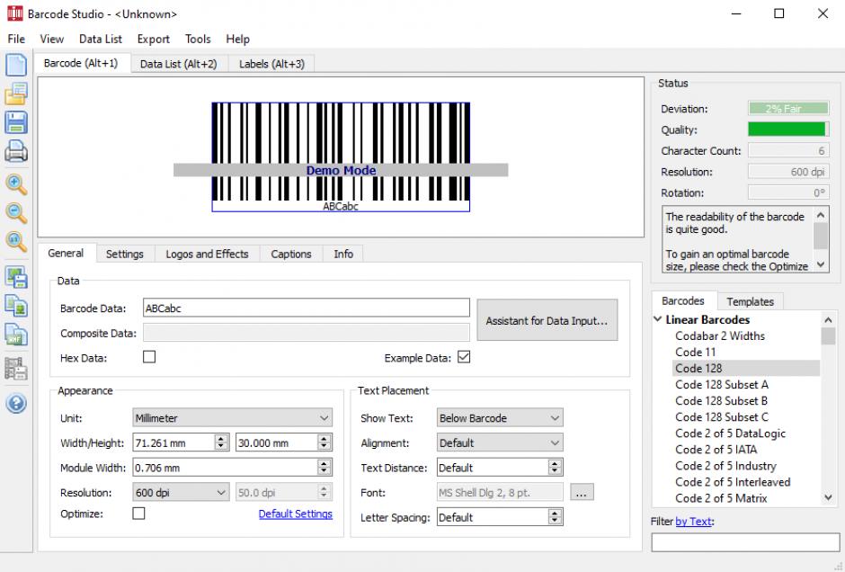 TEC-IT Barcode Studio main screen