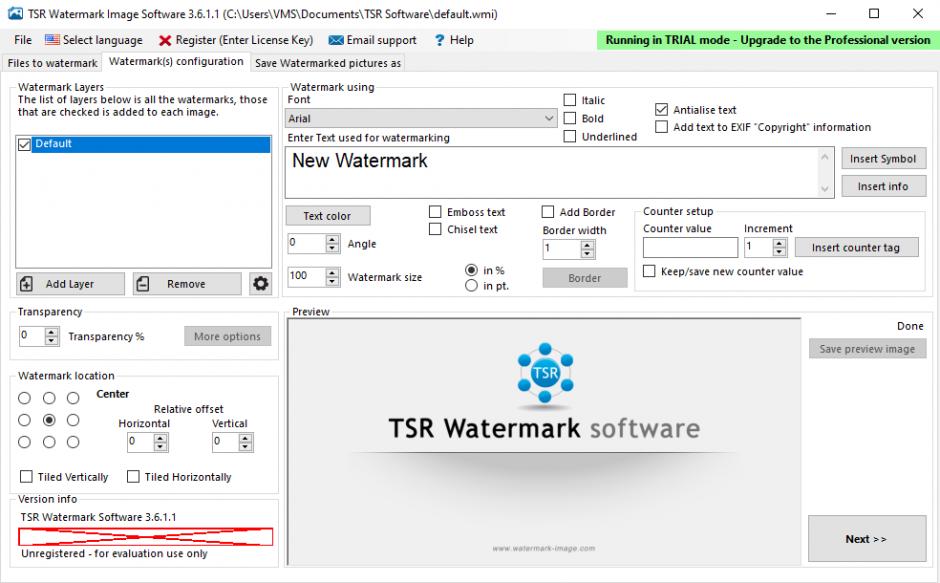 TSR Watermark Image main screen
