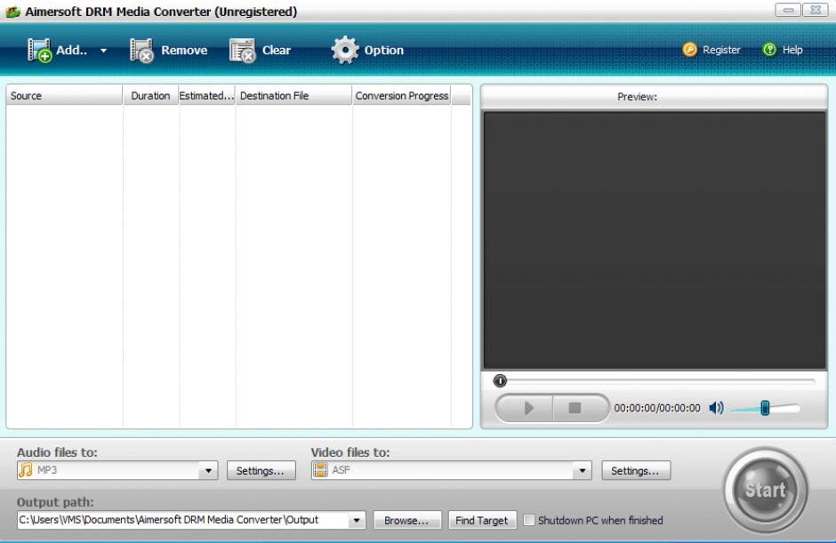 Aimersoft DRM Media Converter main screen