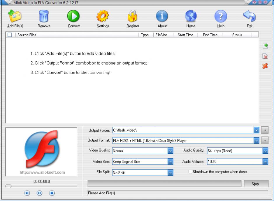 Allok Video to FLV Converter main screen