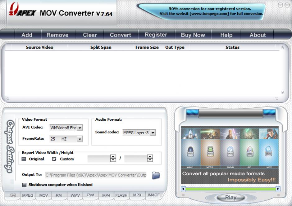 Apex MOV Converter main screen
