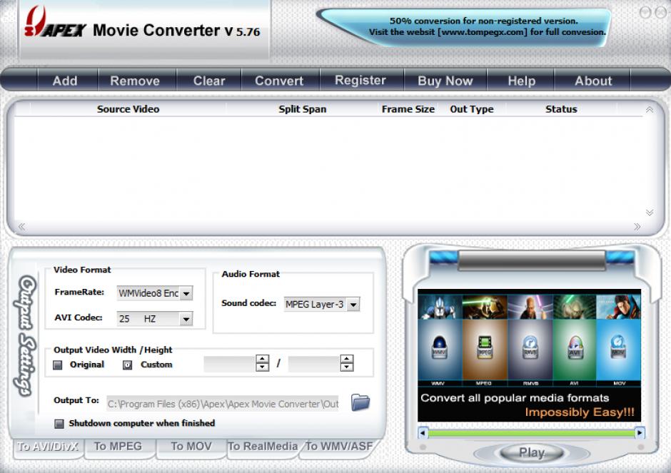 Apex Movie Converter main screen