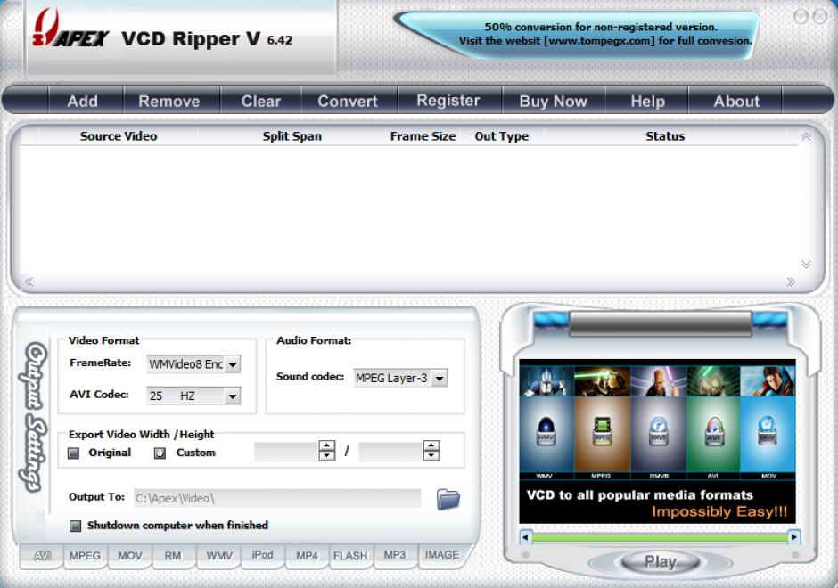 Apex VCD Ripper main screen