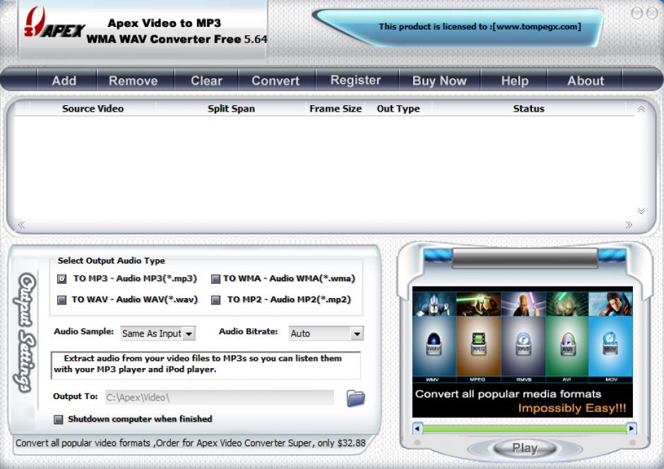 Apex Video to MP3 WMA WAV Converter Free main screen