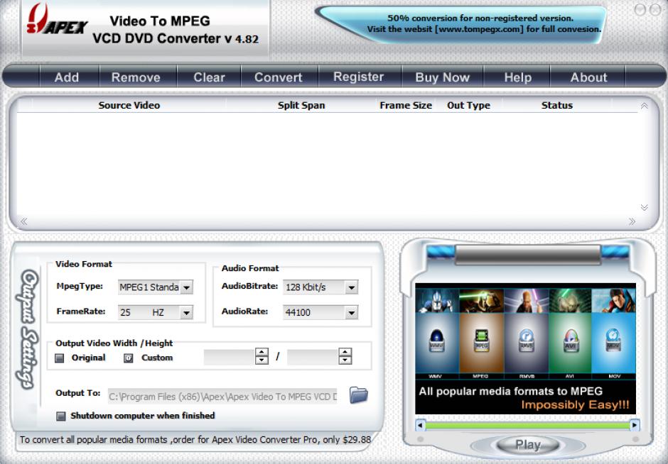 Apex Video To MPEG VCD DVD Converter main screen