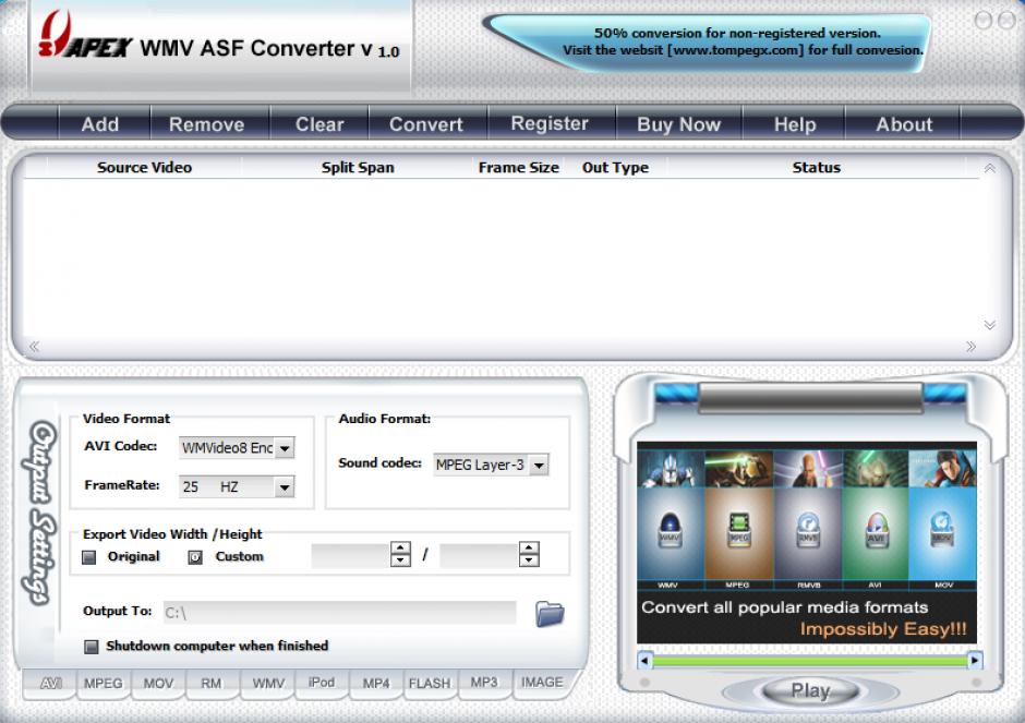 Apex WMV ASF Converter main screen