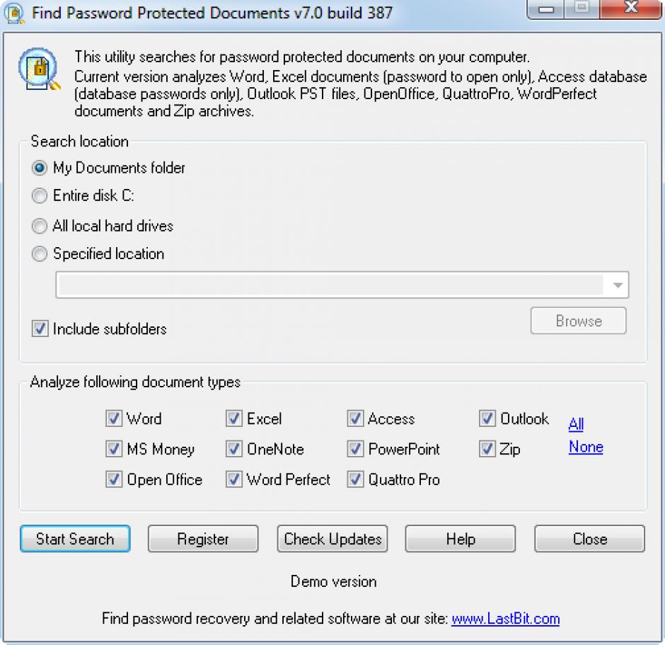 Find Password Protected Documents main screen