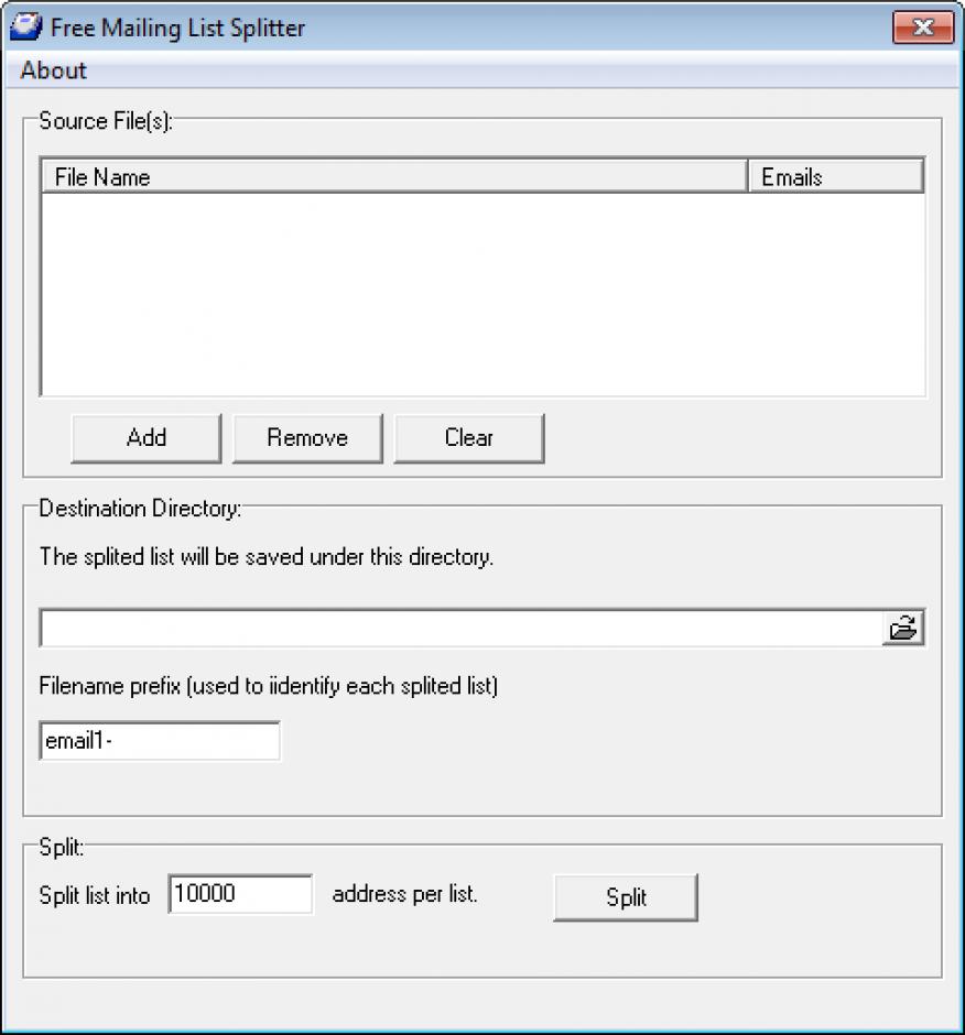 Free Mailing List Splitter main screen