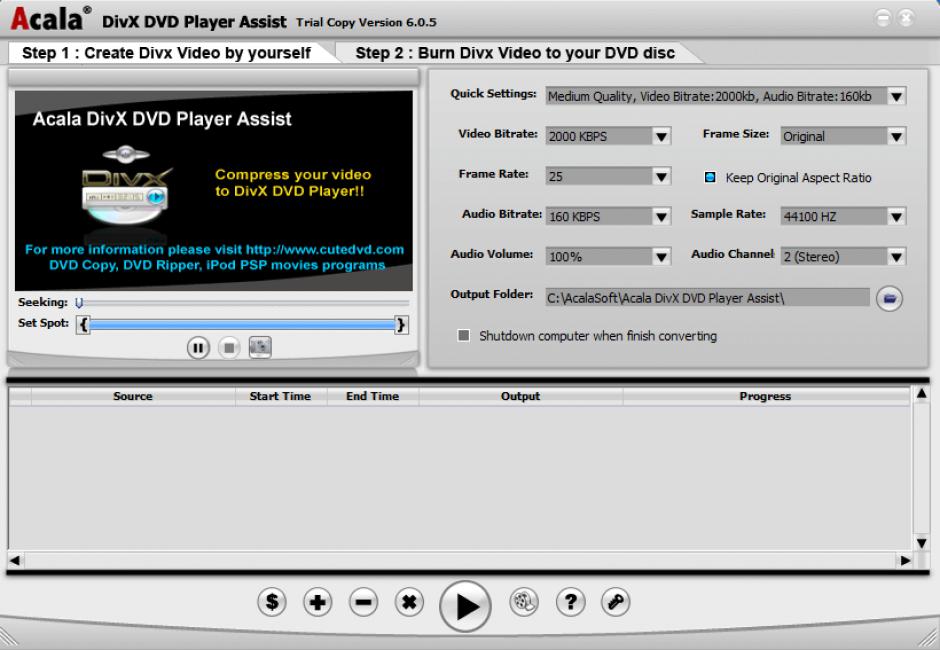 Acala DivX DVD Player Assist main screen
