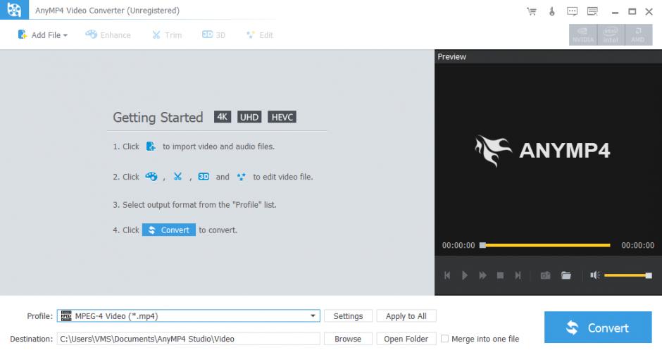 AnyMP4 Video Converter main screen