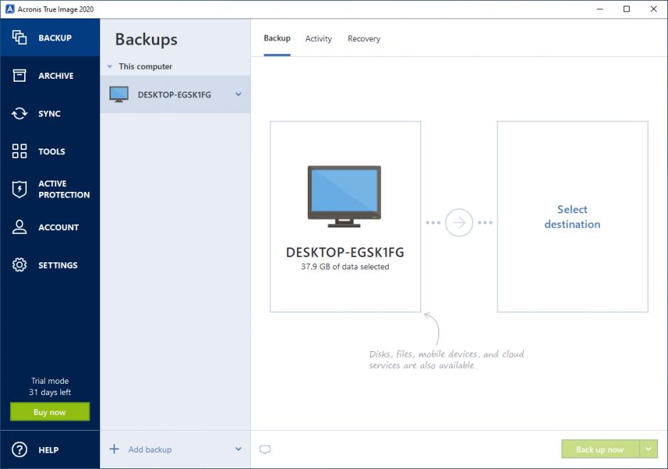 Acronis True Image 2020 main screen