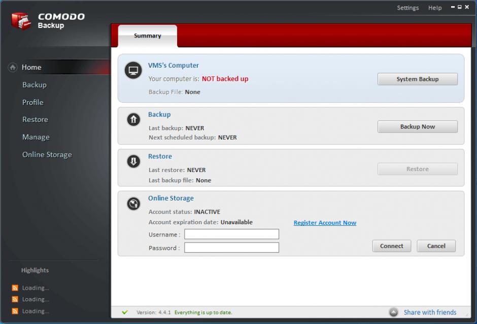 COMODO BackUp main screen