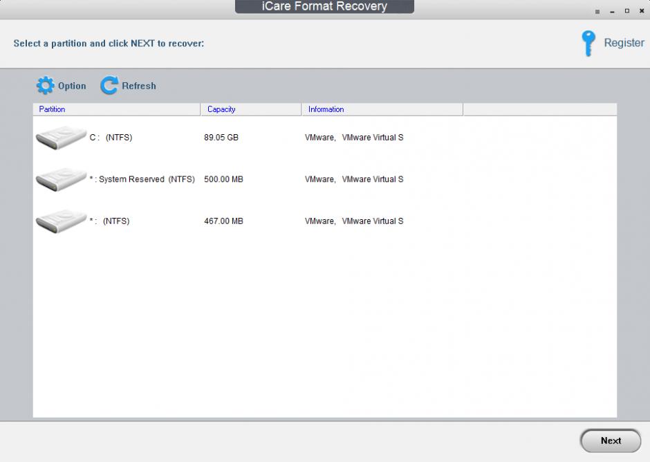 iCare Format Recovery main screen