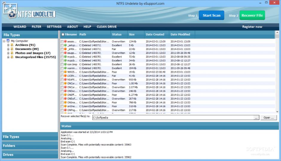 NTFS Undelete main screen