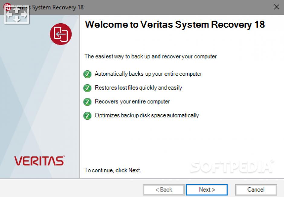 Veritas System Recovery main screen