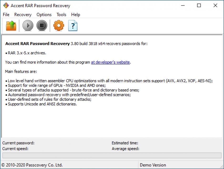 Accent RAR Password Recovery main screen