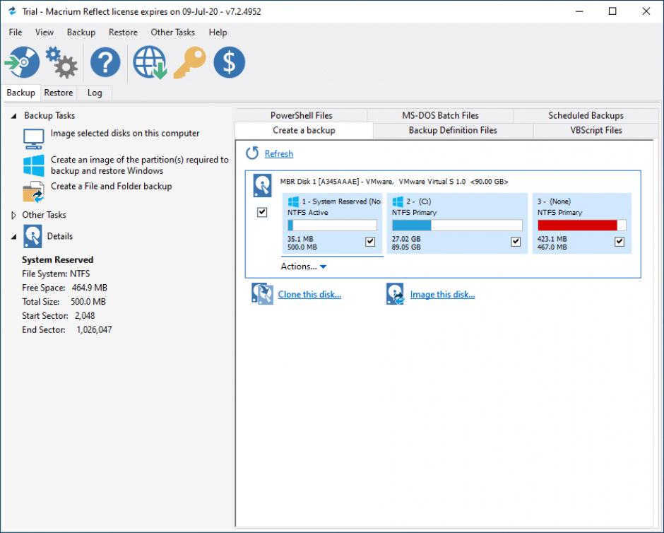 Macrium Reflect Server main screen