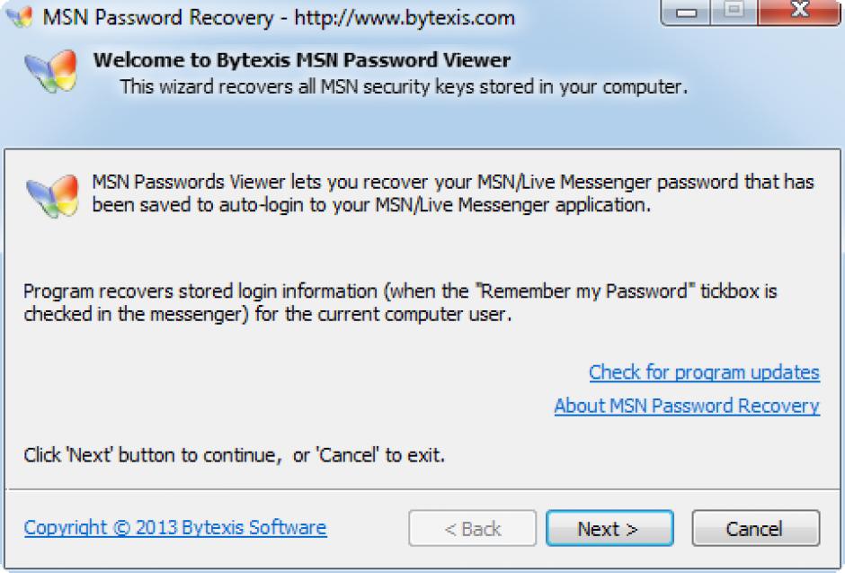 msn password recovery main screen