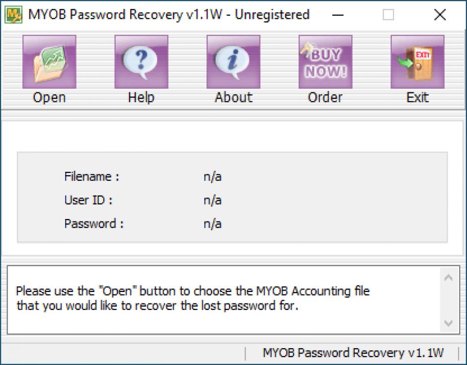 MYOB Password Recovery main screen