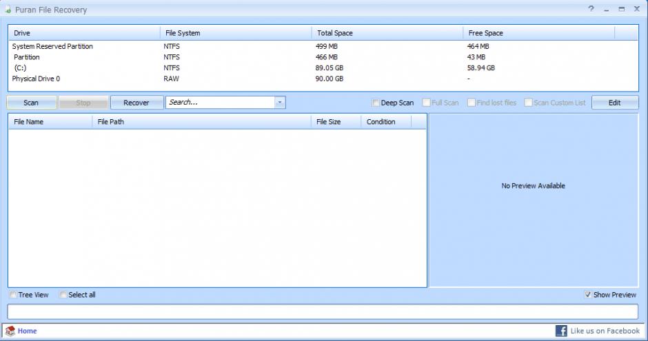 Puran File Recovery main screen