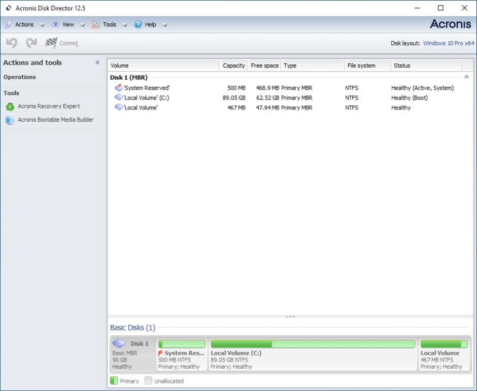 Acronis Disk Director main screen