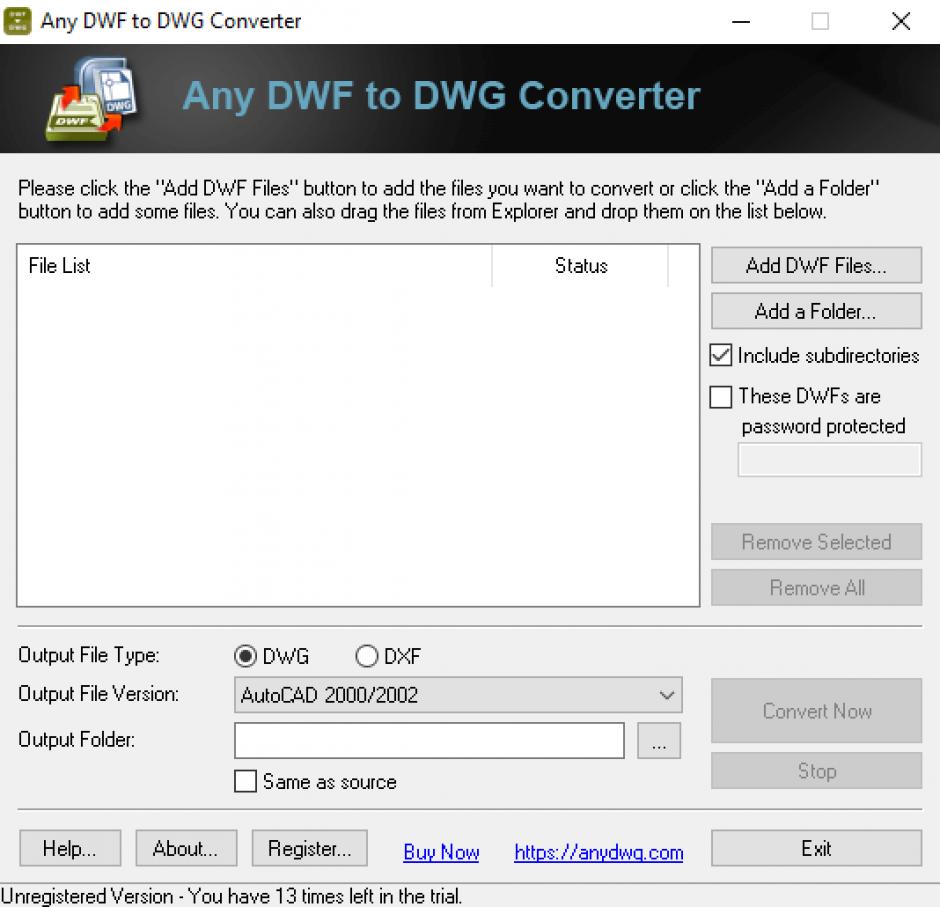 Any DWF to DWG Converter main screen