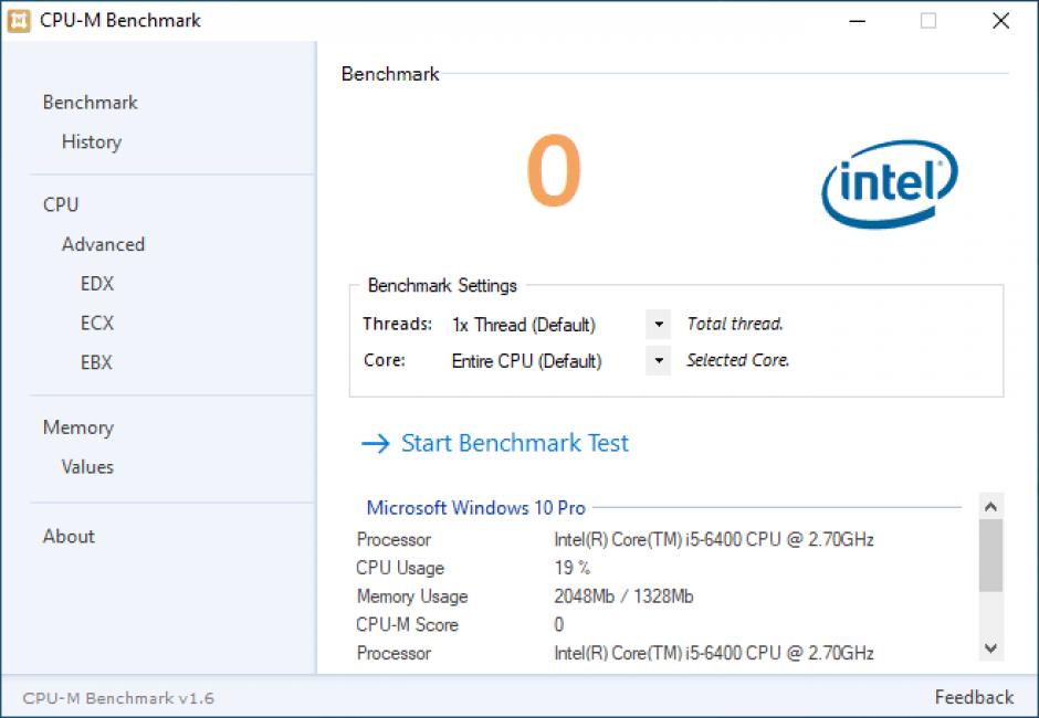 CPU-M Benchmark main screen