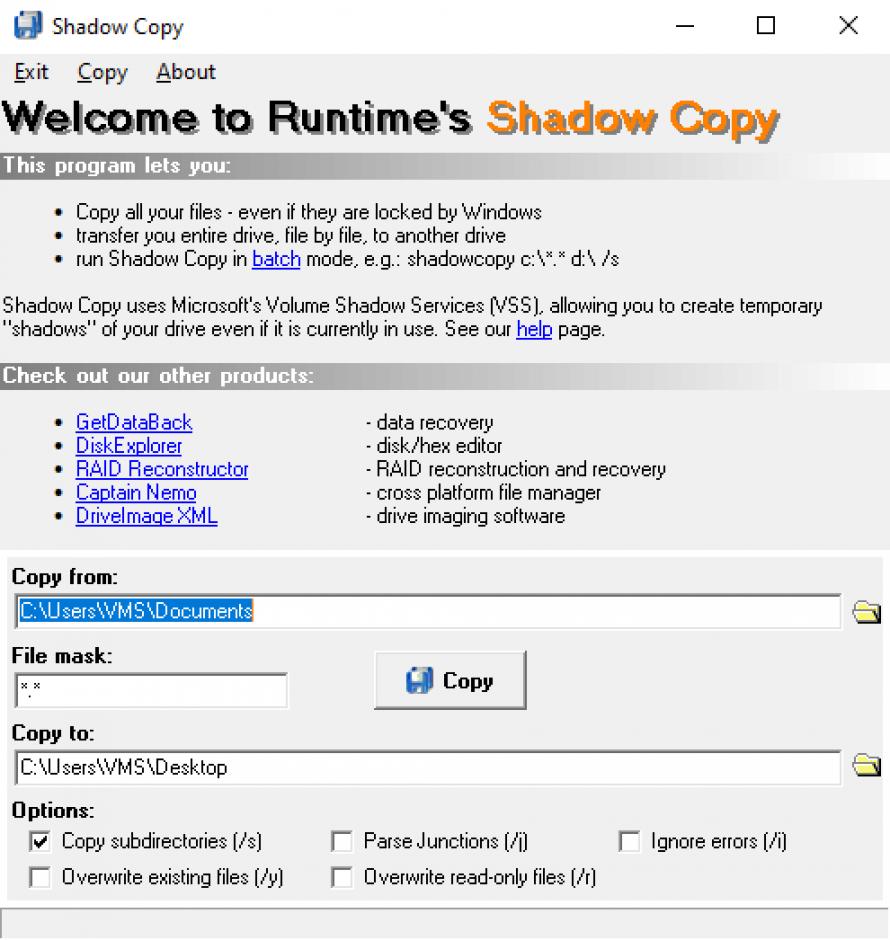 ShadowCopy main screen