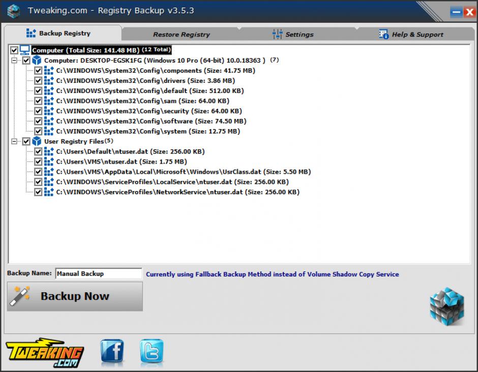 Tweaking.com - Registry backup main screen