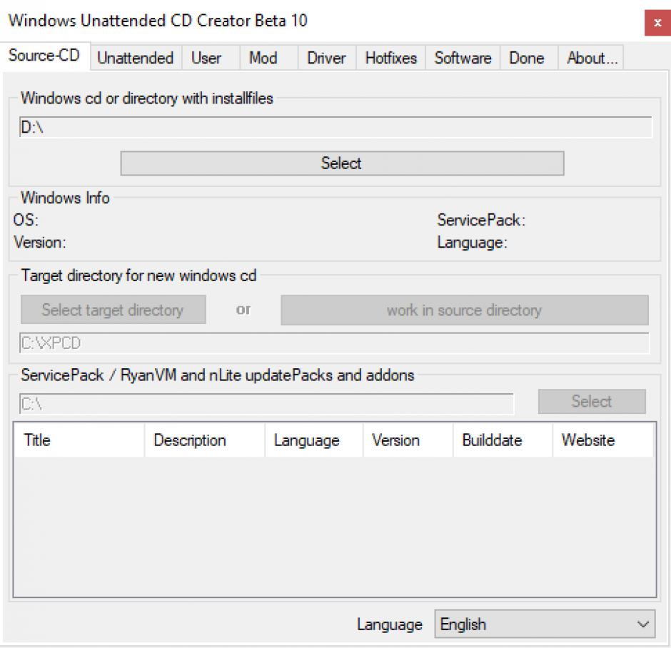 Windows Unattended CD Creator main screen