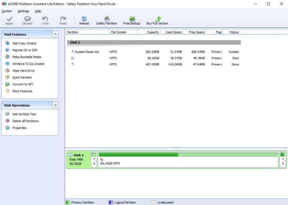 AOMEI Partition Assistant Lite main screen