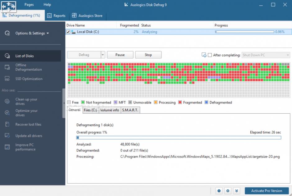 Auslogics Disk Defrag main screen