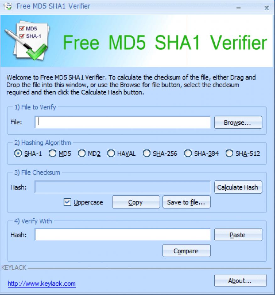 Free MD5 SHA1 Verifier main screen