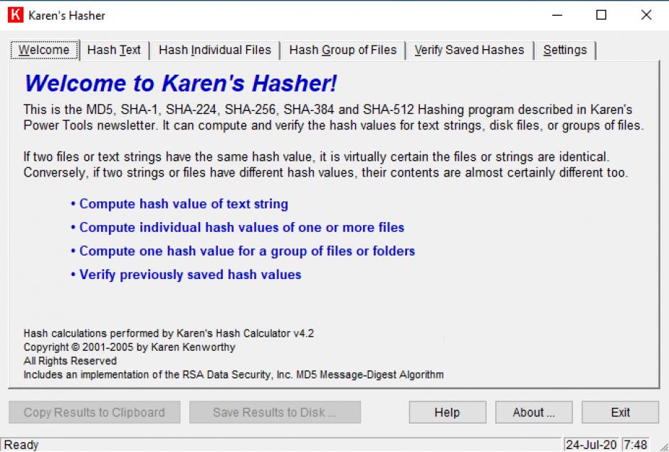 Karen's Hasher main screen