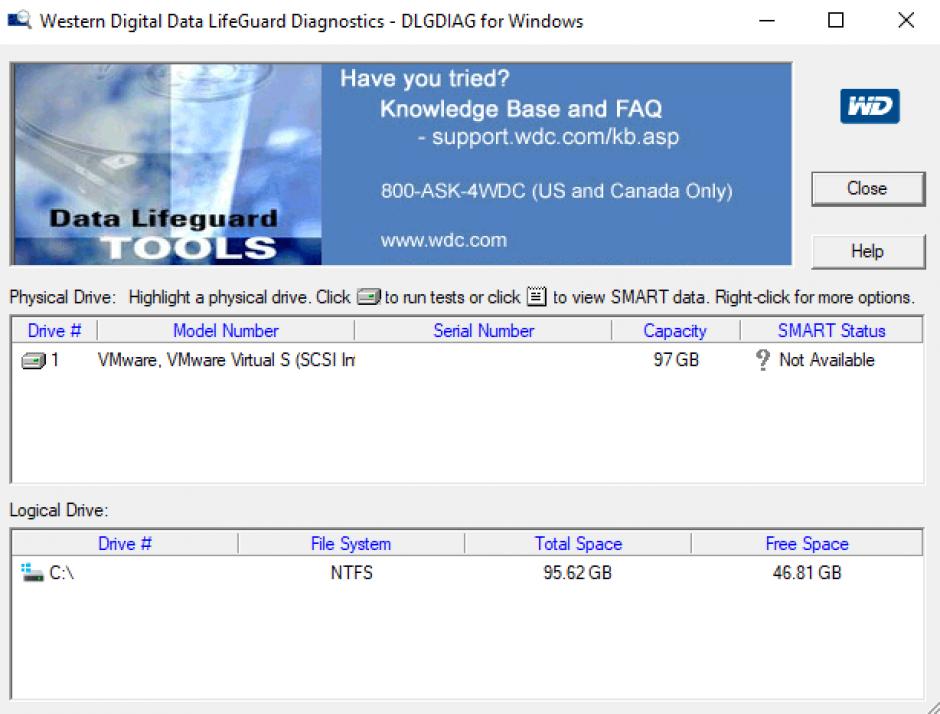 Western Digital Data Lifeguard Diagnostic main screen