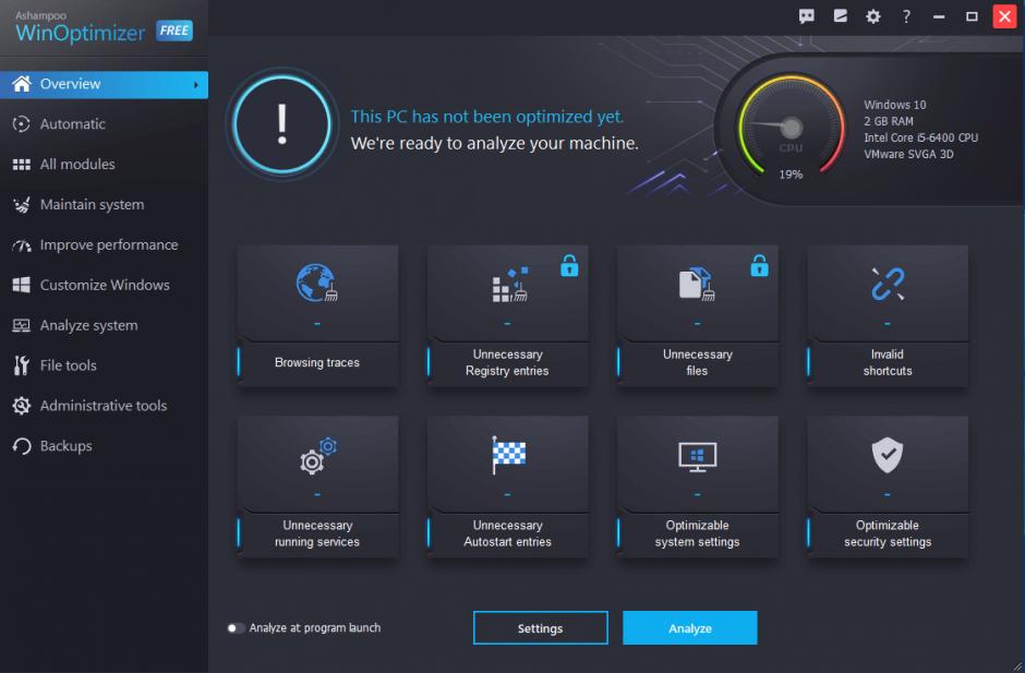 Ashampoo WinOptimizer FREE main screen
