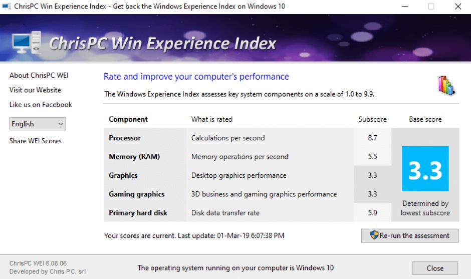 ChrisPC Win Experience Index main screen