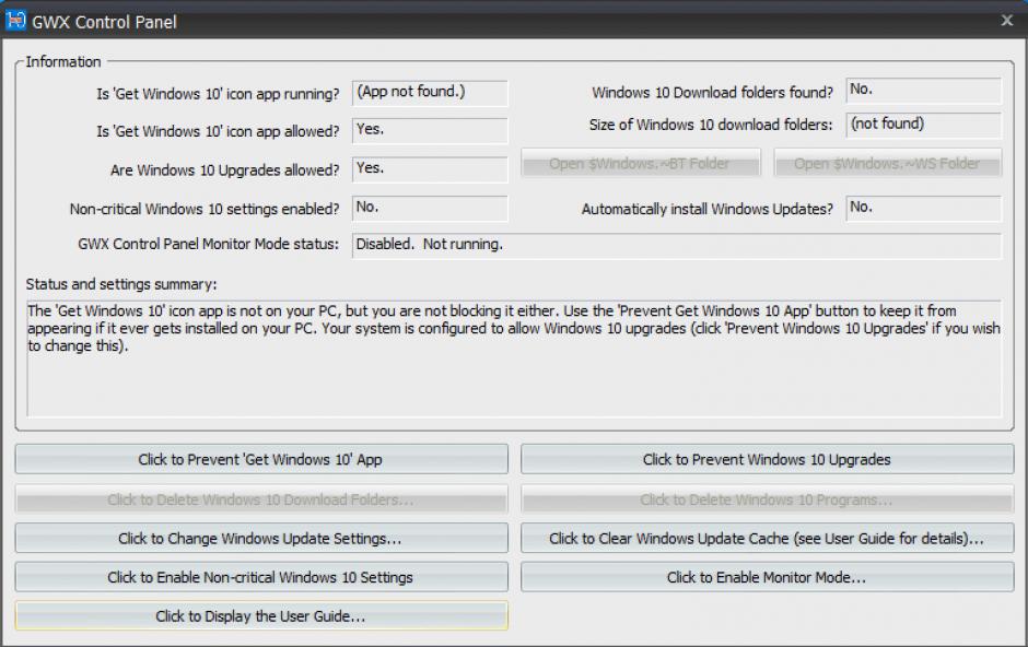 Gwx Control Panel main screen