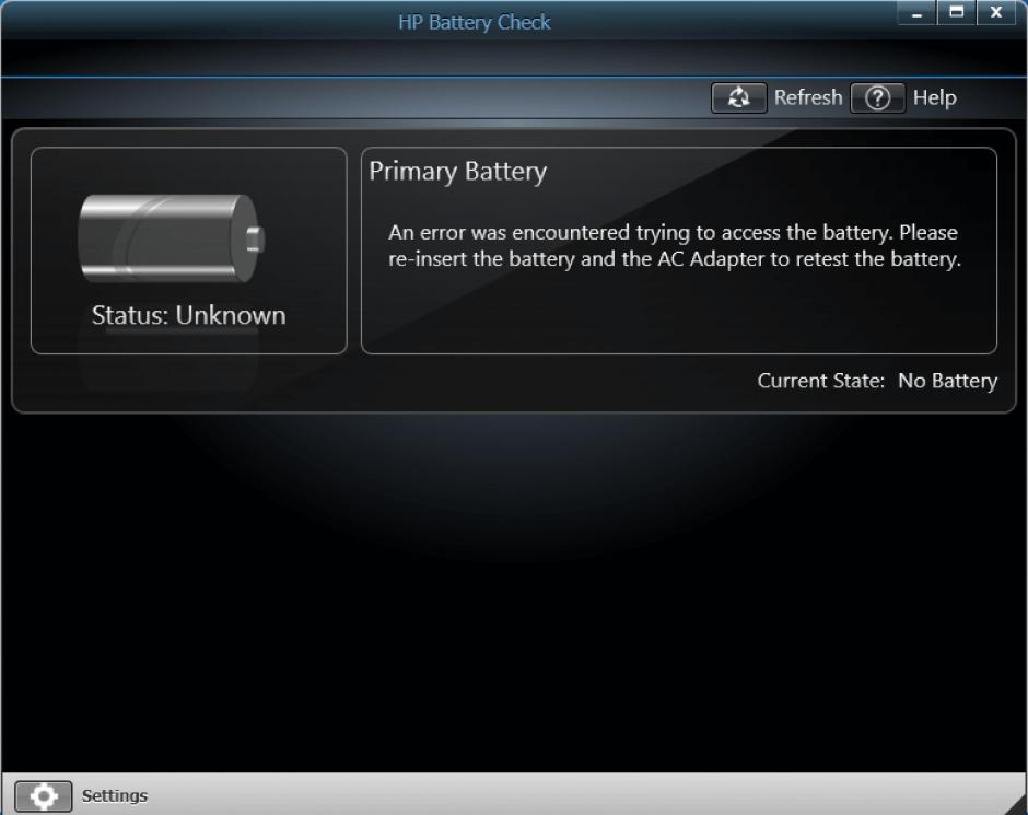 HP Battery Check main screen