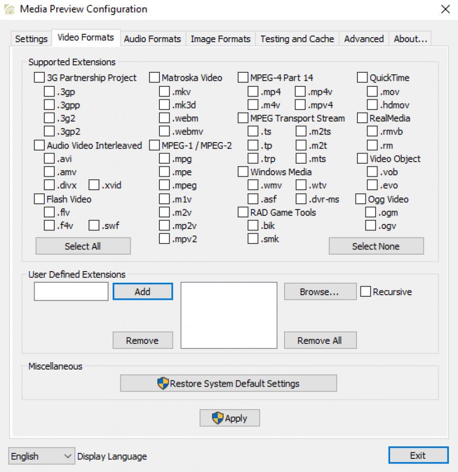 Media Preview Configuration main screen