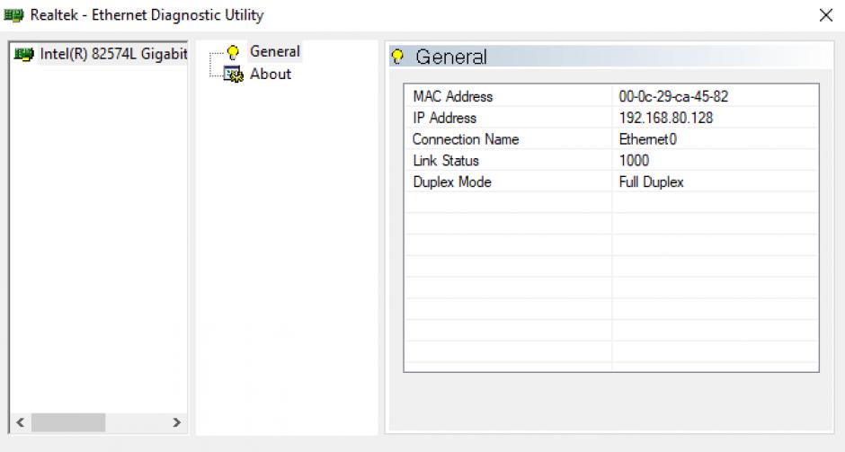 Realtek Ethernet Diagnostic Utility main screen